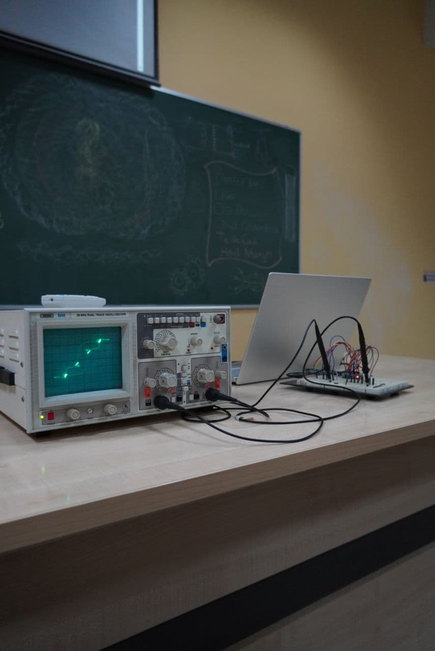 Dual trace oscilloscope on the lab workbench